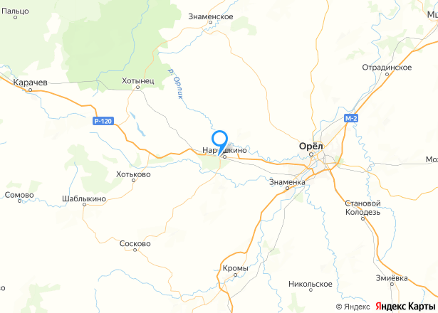 жилой дом, площадь 35,6 кв.м.,Земельный участок, пл. 1289 кв.м Орловская обл, р-н Урицкий, пгт Нарышкино, ул Ленина 183 - Изображение местоположения